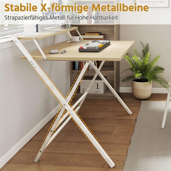 Злагоджений стіл Yaheetech Klappbar, 80 см, комп'ютерний стіл з полицею, двоступінчастий робочий стіл з підставкою для монітора, стіл для ноутбука для домашнього офісу/маленьких кімнат/вітальні, білий/80 см Д × 50 см Ш, білий (світлий колір дерева, 106.5x