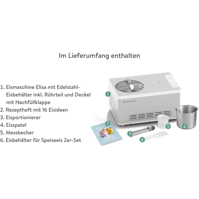 Морожениця та йогуртниця SPRINGLANE Elisa 2.0 л, самоохолоджувана, нержавіюча сталь, в т.ч. буклет з рецептами