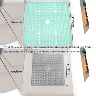 Нековзний килимок для душу 70x70 см, швидковисихаючий, без бісфенолу А, з присосками (Квадрат, М'ята)