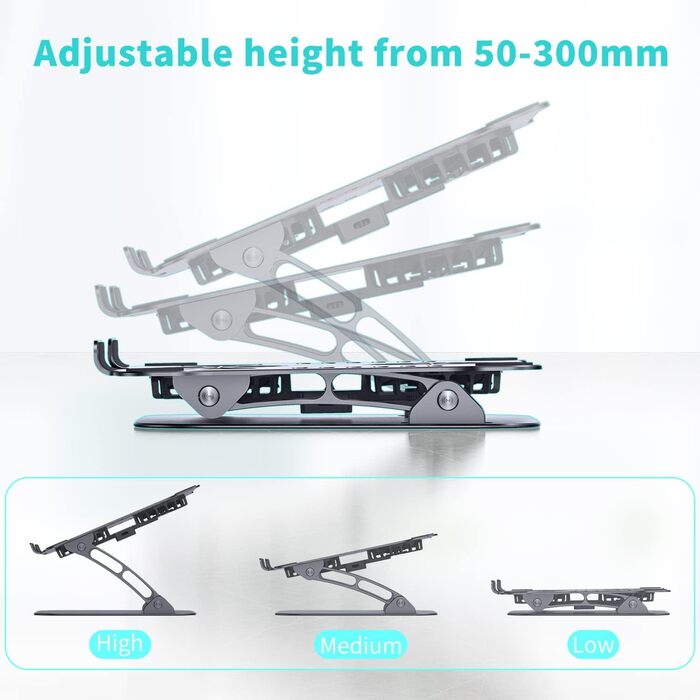 Підставка для ноутбука з RGB вентилятором, регульована висота, алюмінієвий сплав, 10-17'', сіра