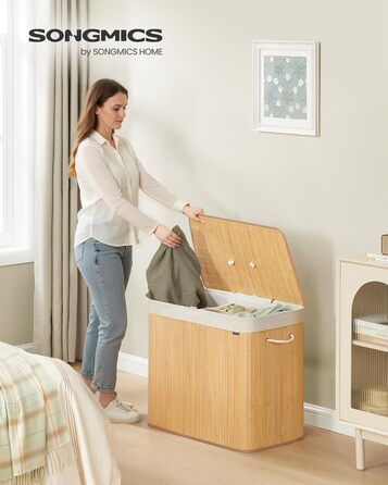SONGMICS Кошик для білизни з кришкою, 2 відділення, бамбук, складний, знімний мішок для прання, з ручками, 170 л, для ванної кімнати, спальні, LCB014Y01