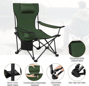 Набір з 2 кемпінгових крісел складний, розкладний стілець Шезлонг для вулиці, рибальське крісло Сонцезахисне крісло ультра легке з підлокітниками та підстаканником CPS8148bl-2 (зелений)