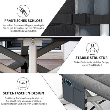 Розкладне кемпінгове ліжко CALIYO з матрацом, 200x80x40 см, витримує до 200 кг, сталевий каркас, тканина Оксфорд, сіре (з сумкою для зберігання)