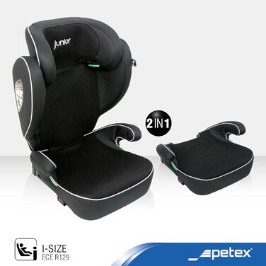 Автокрісло PETEX з ISOFIX - стандарт Basic Plus i-Size відповідно до ECE R129 для дітей зростом приблизно 100-150 см, регульоване по висоті дитяче автокрісло чорного кольору, ука чорного кольору Basic Plus