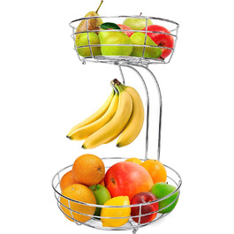 Точний кошик для фруктів з гачком для бананів, висота 38 см, дротяний каркас, самостійна збірка, сріблястий хром
