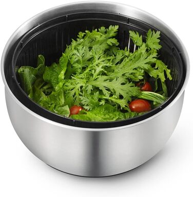 Дзиґа для салату JOE & LEAH з нержавіючої сталі, велика, 5 літрів, висувна, для овочів і зелені, з кришкою, чаша для зберігання, салат, функціональна кнопка зупинки (нержавіюча сталь)