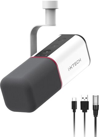 IXTECH Динамічний мікрофон із кардіоїдною діаграмою, RGB підсвітка, USB/XLR, для співу, подкастів, стрімінгу, запису, ігор та озвучування, білий