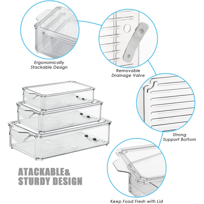 Органайзери для холодильника, набір 3 шт., з кришкою, з прозорого пластику. Підходять для холодильника, комори, морозильника, шаф.