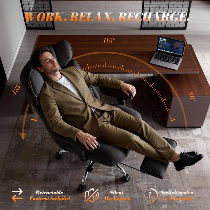 Ергономічний офісний крісло Efomao XXL до 200 кг з підставкою для ніг, чорний. Крісло для дому та офісу з товстою подушкою та високою спинкою.