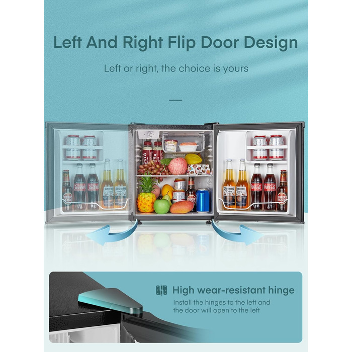 Міні-холодильник E 46L з морозильною камерою, низький рівень шуму 42 дБ, регулювання температури, колір нержавіюча сталь — для офісу, кухні та спальні