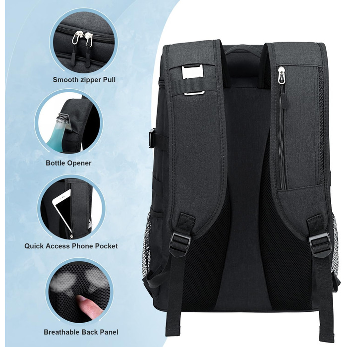 Рюкзак-холодильник Estarer 35L: водонепроникний, з відкривачем для пляшок, для кемпінгу, пікніків та пляжу (Чорний)