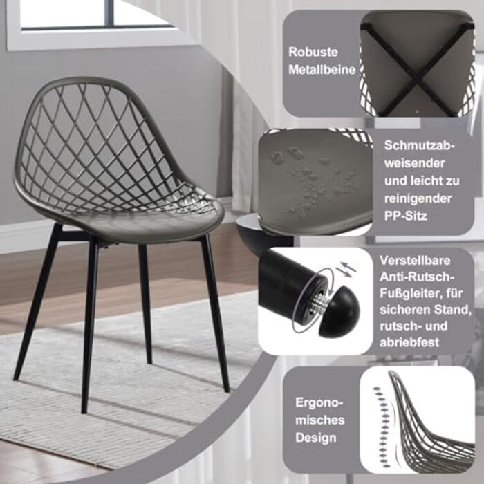 Стільці для їдальні та кухні з порожнистою спинкою, стільці для вітальні з металевими ніжками, пластикові стільці для кухні, вітальні, балкону, скандинавський сучасний стиль, білий колір, K0018EZS-4 (сірий, набір 8 шт.)