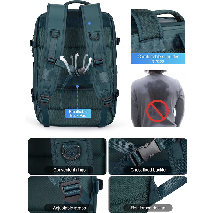 Ручна поклажа 40x20x25 для Ryanair Ручна поклажа дорожній рюкзак водонепроникний рюкзак для ручної поклажі під сидінням літак Дорожня сумка сумка для вихідних похідний рюкзак повсякденний денний рюкзак (H4 павиного синього кольору, Підходить для ноутбуків