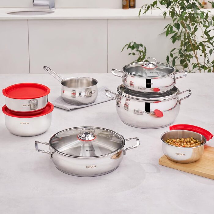 Набір кухонного посуду Karaca Stahl 13 предметів з контейнерами для зберігання - високоякісний нержавіюча сталь для приготування та зберігання їжі