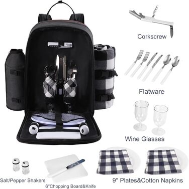 Набір для пікніка на 2 особи ALLCAMP: рюкзак, десерна тарілка, столові прибори, флісова ковдра, тримач для пляшки/вина (чорний)