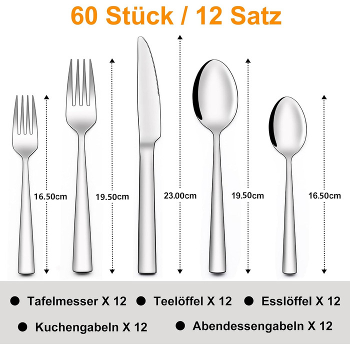 Набір столових приборів 60 шт. для 12 осіб, нержавіюча сталь, високополірована та придатна для миття в посудомийній машині