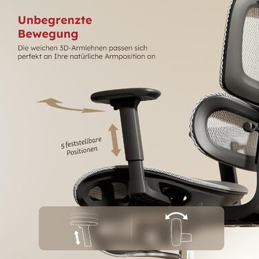 Ергономічне офісне крісло Voll-Mesh з підголівником, підставкою для ніг, регульованою спинкою, підлокітниками, саморегульованою поперековою підтримкою, PU-колесами, поворотним на 360°, навантаження до 150 кг, (Світло-сірий)