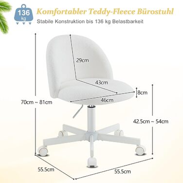 Офісне крісло Bonnlo з роликами, стілець для туалетного столика, регульований по висоті, для робочого кабінету, спальні, home office, з м'якої тканини Тедді, білий