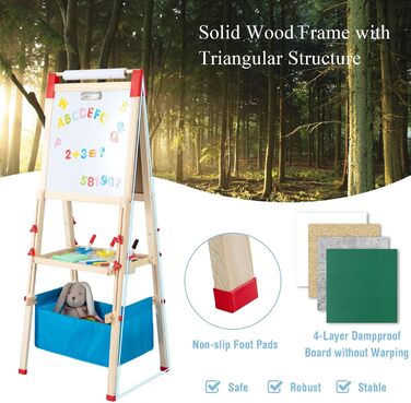 Дитяча мольберт HOMASIS двосторонній, регульована висота, крейда та папір, для дітей 3-8 років, з сумкою для зберігання, 44 x 40 x 102-126 см