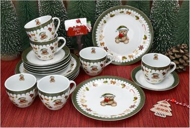 MamboCat Friend - 18-ти частинний чайний сервіс для 6 осіб | Керамічний сервіс з ведмедиком, будиночком з імбирного пряника та іншими новорічними мотивами | Тріо з чашками, блюдцями та тарілками | Ідеальний для святкування Різдва