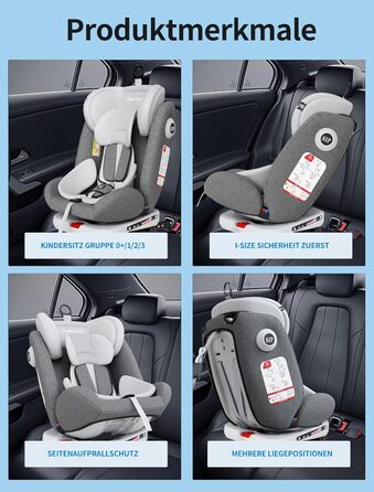 Автокрісло Fourward Baby 360° - ISOFIX, 9-36 кг, Група 0+1/2/3, 5-точкові ремені, сірий колір