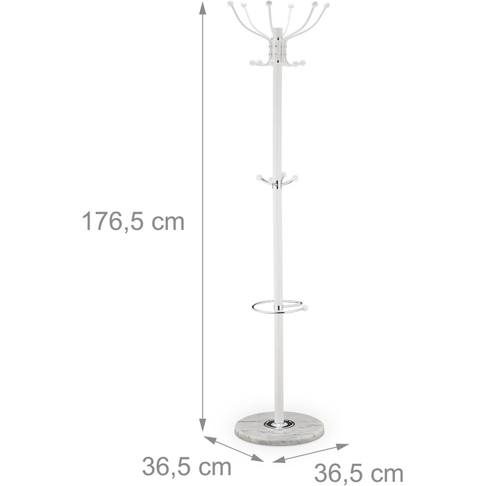 Стійка для одягу Relaxdays з підставкою для парасольки, 16 гачків, 176,5 x 36,5 см, з мармуровим основанням, золота/біла