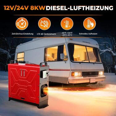 Дизельний обігрівач 8kW, 12V/24V з пультом керування та додатком, для авто, RV, човнів, вантажівок, з LCD-дисплеєм та шумопоглиначем