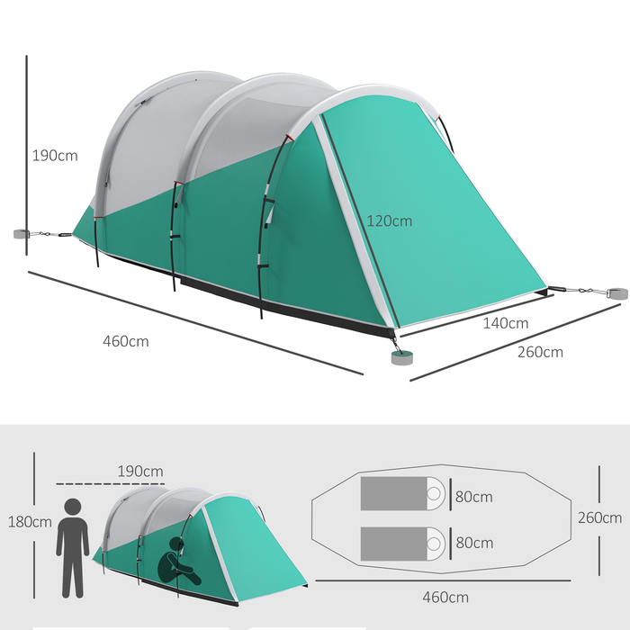 Намет Outsunny Tunnel Camping Tent для 5 осіб Сімейний намет з 2 кімнатами та сумкою для перенесення 3000 мм водяний стовп у зеленому кольорі для саду