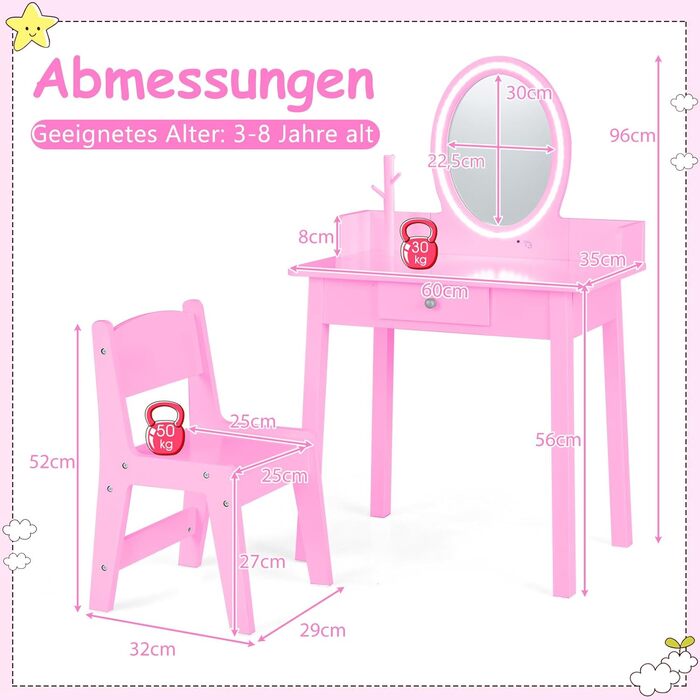 Дитячий туалетний столик DREAMADE з LED-дзеркалом та ніжками з бука, принцесовий туалетний столик з шухлядою та стійкою для прикрас, дитячий туалетний столик з пуфом для дівчаток (Рожевий)