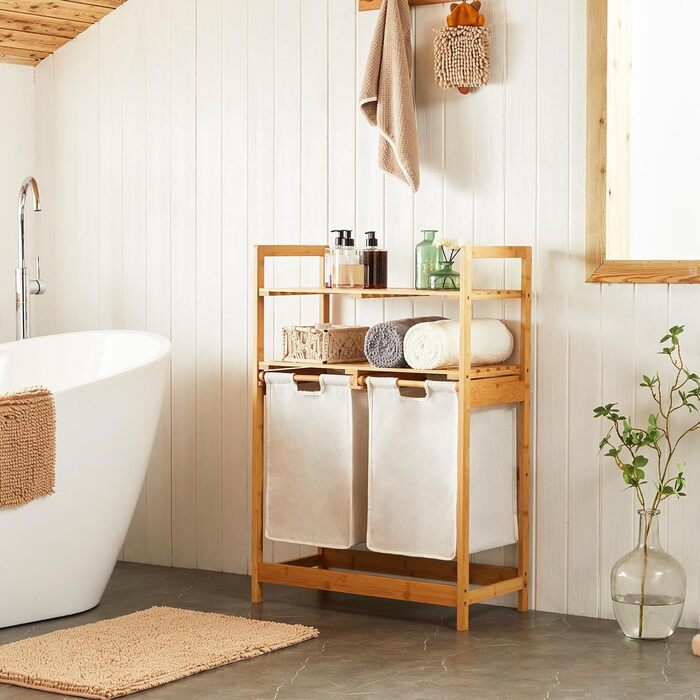 Кошик для білизни YOUDENOVA з бамбукового каркасу, 2 відділення, 2 висувні мішки для білизни, 93x64x33 см, слонова кістка, 70 л