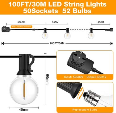 Світлодіодні гірлянди GLUROO G40 гірлянди вуличні гірлянди електричні, пластикові лампи водонепроникний IP45 з потужністю 1 Вт 502 лампочки для саду, веранди, заднього двору, бістро, прикраси для вечірок (30 м - 24 В)