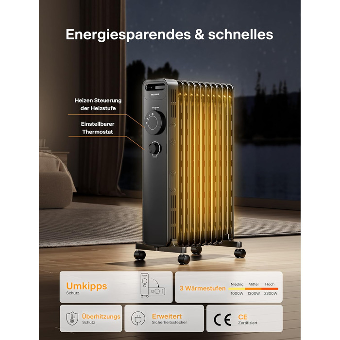 Масляний радіатор PELONIS 2300W з J-подібними ребрами, 3 режими нагріву, термостат, тихий, з захистом від перекидання, енергоефективність A, для спальні, вітальні, офісу, 11 ребер, чорний (без пульта)