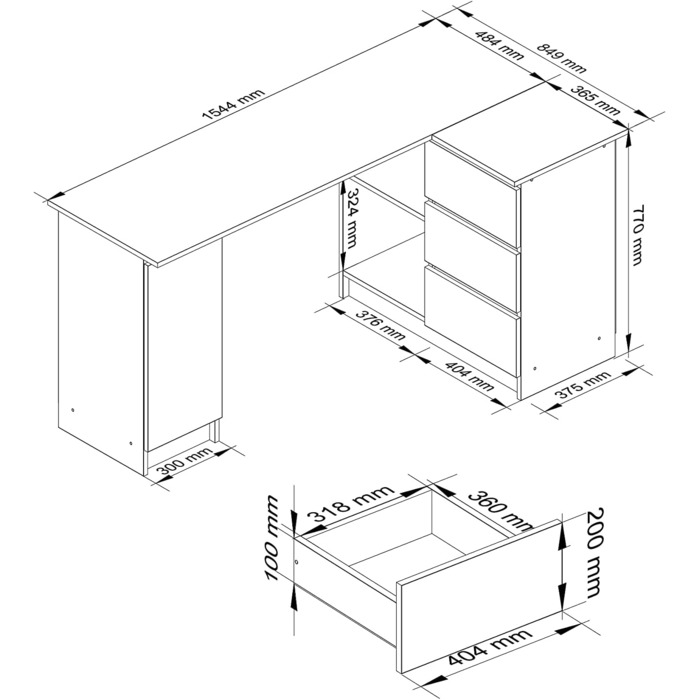 Кутовий письмовий стіл B-20 з 3 висувними ящиками, 2 полицями та відділенням для полиць з дверцятами Письмовий стіл Кутовий стіл Кутовий стіл для домашнього офісу Легке встановлення W155 x H77 x D85, 60 кг Білий
