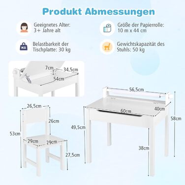 Дитячий письмовий стіл COSTWAY зі стільцем, складною стільницею, тримачем для рулону паперу та маркерами, від 3 років (Білий)