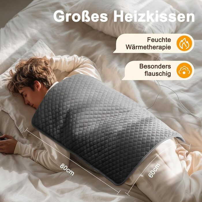 Електричний гріючий килимок XXXL (80 x 60 см) з автовимкненням, 6 температурних режимів, 4 налаштування часу для спини, плечей, живота, ніг, швидкий нагрів, можна прати в машині