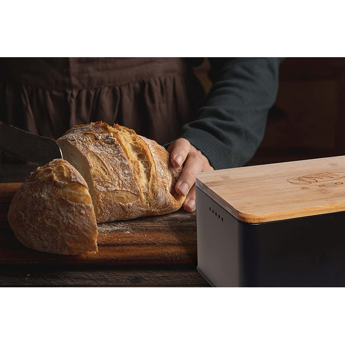 Хлібниця Тео і Клео з обробною дошкою, 33x215 см, матова Хлібниця з дерев'яною кришкою і лляною хлібницею, вентиляція по всьому периметру, братан