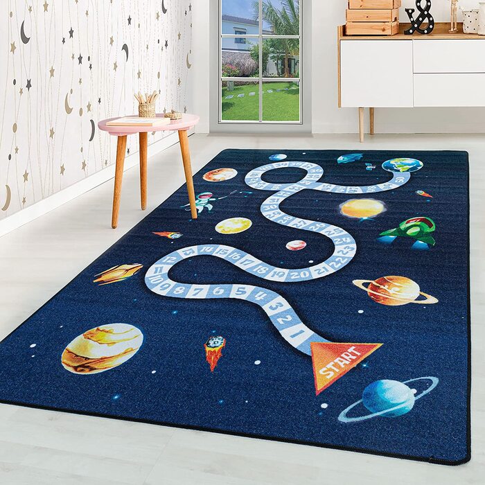 Дитячий килим HomebyHome з коротким ворсом, ігровий килим для дитячої кімнати, блакитна ракета з космічною планетою, колір розмір (80x120 см, темно-синій)