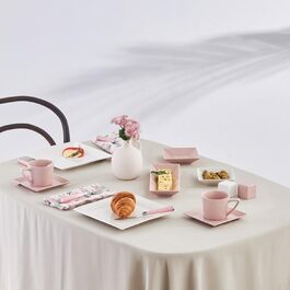 Предмети Набір для сніданку/обслуговування на 6 персон рожевий - повний набір на 6 персон з сервізовими тарілками, чайними чашками, блюдцями, порцеляновими ложками, тарілками-човниками, мисками, 32