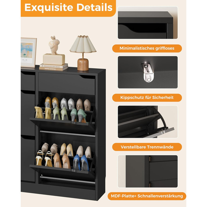 Шкаф для взуття IRONCK з 4 дверцятами, вузький, з 2 висувними ящиками, окремо стоячий, з регульованими перегородками, для передпокою, входу та вітальні (Білий) Білий (100x23.5x98см, Чорний)