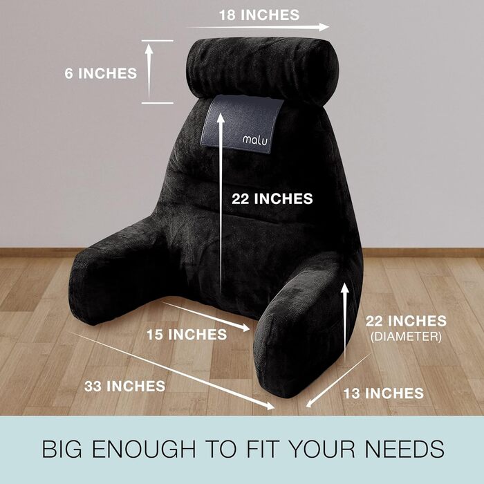 Велике подушко-крісло для читання Malu, ергономічна подушка з підтримкою спини для ліжка + ролик для шиї, з подрібненим пінополіуретаном Memory Foam, для використання в ліжку, на дивані або на підлозі, чорний