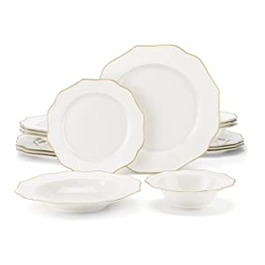 Набір посуду MALACASA для 4, сервіз з кістяного фарфору з 16 предметів серія LOTUS, круглий білий комбінований сервіз із золотою окантовкою, пор.