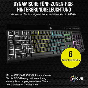 Клавіатура Corsair K55 RGB PRO, провідна, мембранна, QWERTZ DE, чорна, IP42, 6 макро-клавіші, сумісна з iCUE, для PC, Mac, Xbox