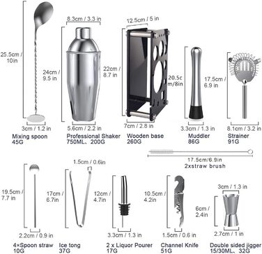 Набір шейкерів для коктейлів з нержавіючої сталі MUOIVG з 17 предметів з акриловою підставкою, книгою рецептів, відкривачкою, мірним стаканчиком, ложкою