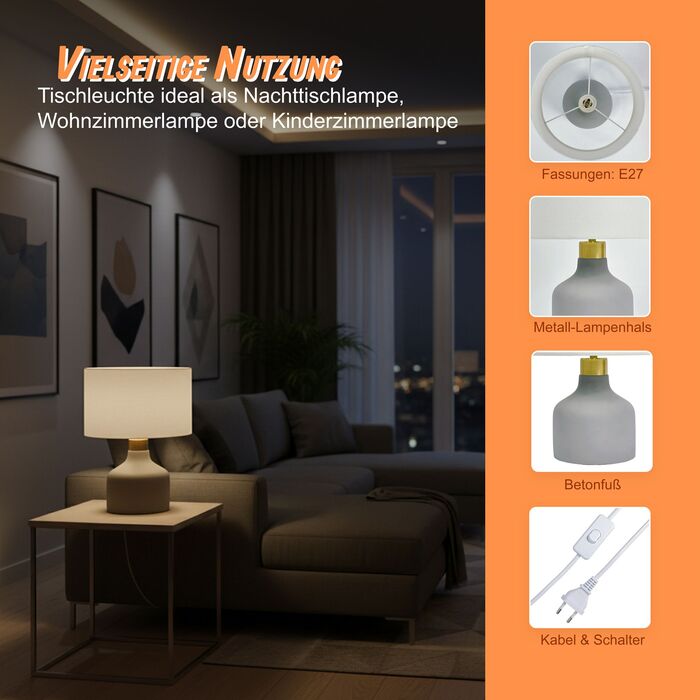 Лампа для столу Relaxdays з тканинним абажуром та бетонним основанням