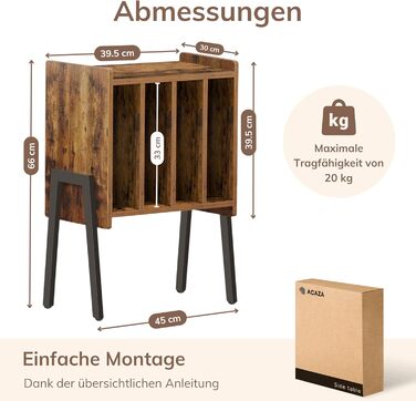 ACAZA: Стіл для програвача вінілових платівок з 4 відсіками – 66 x 40 x 30 см – Дерево та метал (Вінтаж, Колір: Коричневий)