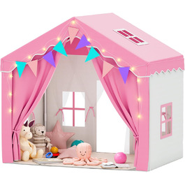 Дитяче намет-ігровий будиночок EROMMY 2-в-1 з килимком, прапорцями та світлодіодними смугами, з двома дверцятами, з даховим віконцем, для дому, 3+ роки (Рожевий)