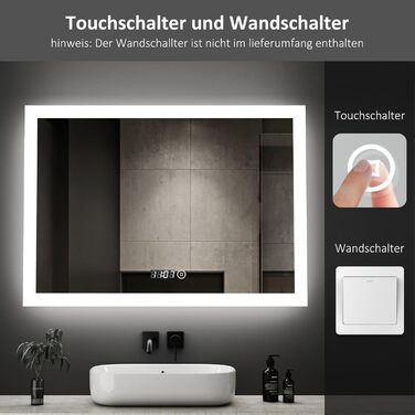 Дзеркало для ванної кімнати Boromal з підсвічуванням та годинником 50x70 см, LED, 3 кольори, регулювання яскравості, сенсорне керування