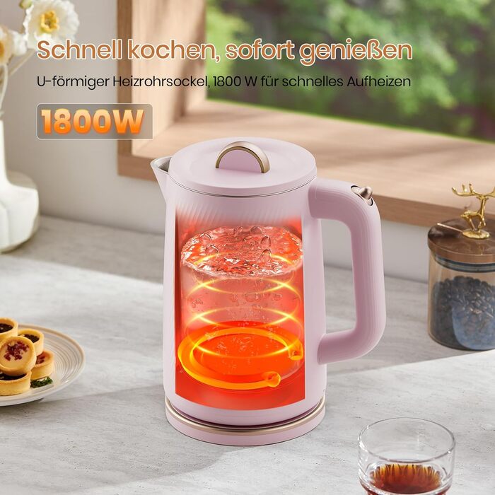 Електричний чайник OLEGA 1.8L, 1800W, нержавіюча сталь, рожевий, з автовимкненням
