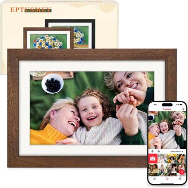 Цифровий фоторамка Frameo 10.1 дюйма з Wi-Fi, горіхове дерево, 32GB, IPS Touchscreen, Wi-Fi, фото/відео через додаток Frameo, подарунок для чоловіків та жінок