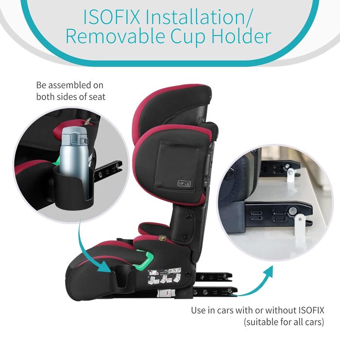 Автокрісло дитяче 15-36 кг з Isofix, i-Size, регульована підголовник та підлокітники, 3,5-12 років (100-150 см), з тримачем для напоїв, зелене